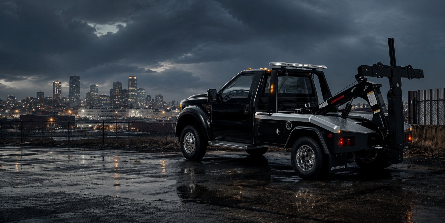 Black wheel-lift tow truck overlooking the Kansas City skyline.